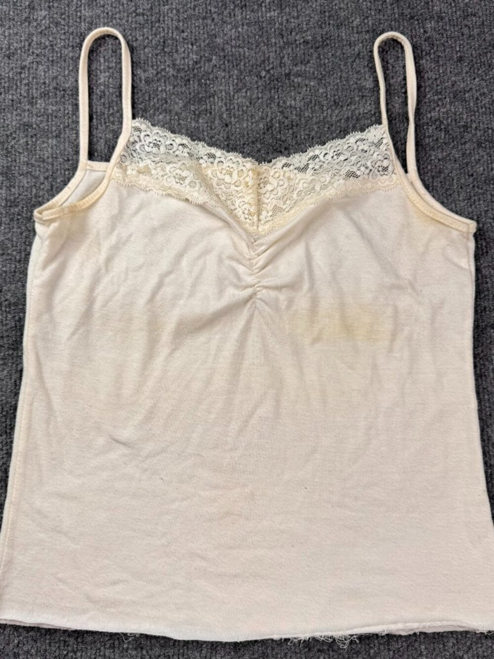 vintage lace trim cami top no Sz tag measurement Fit M off white raw hem stains